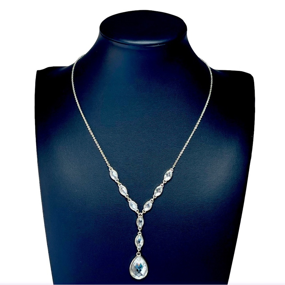 Nina Ricci VTG 80's Clear Crystal Silver Y Necklace Fashion Jewelry 17"